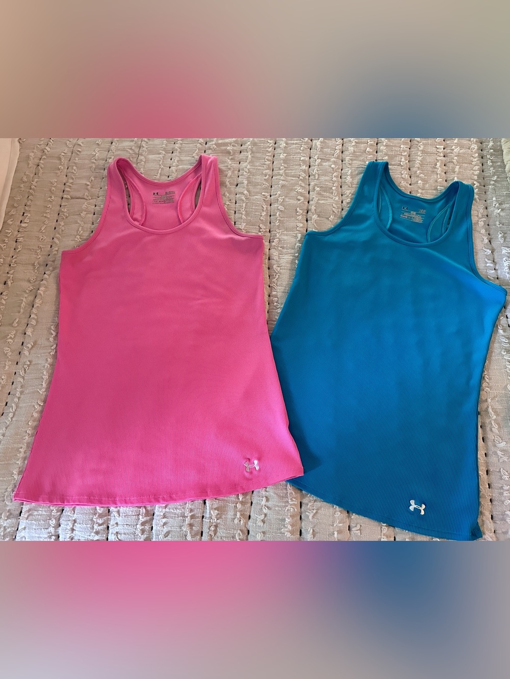2 Under Armour Hot Pink & Teal Blue Racerback Tank Tops!  Sz L/XL!  EUC!  2 tops